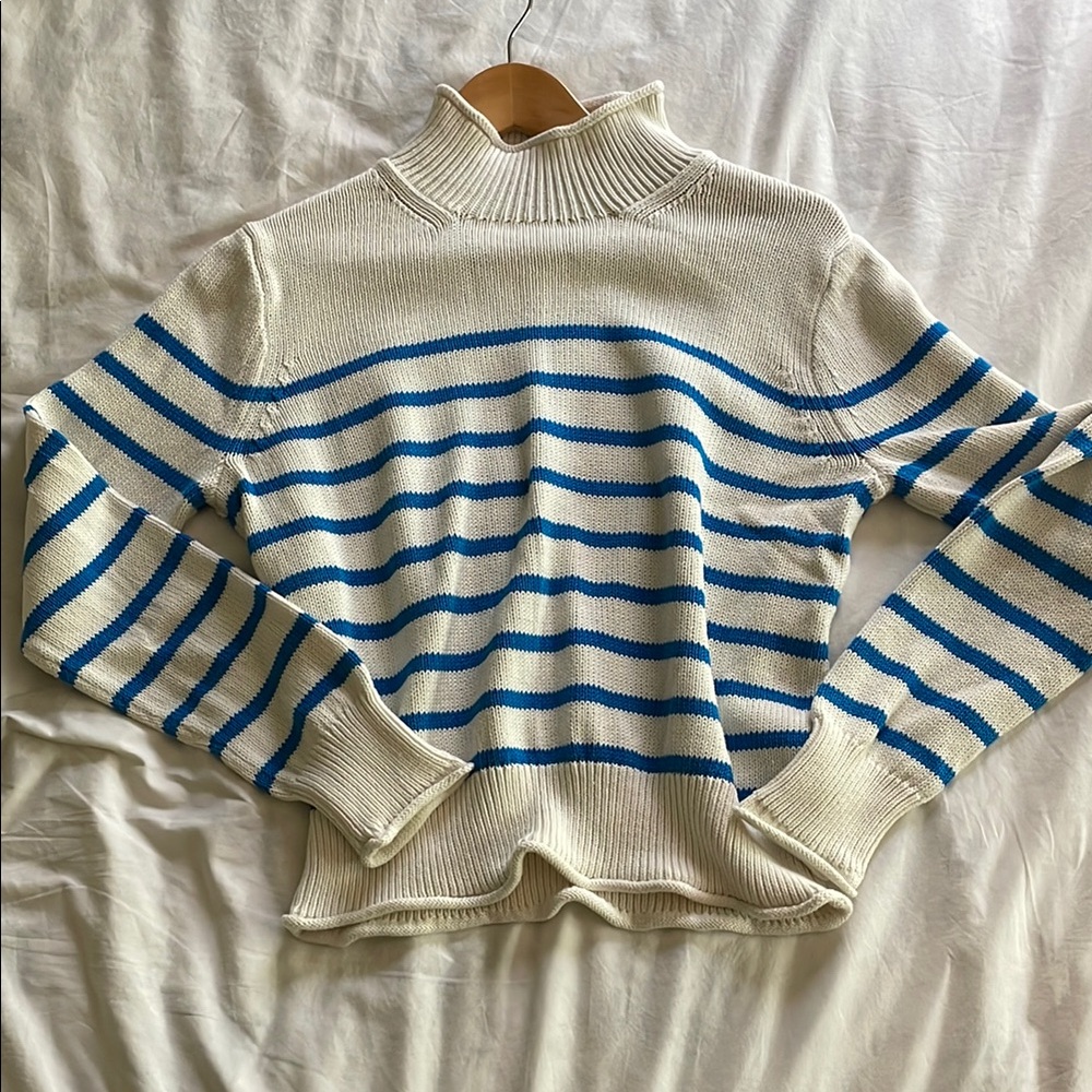 J. Crew Blue and White Cowl Neck Sweater Nautical Stripes